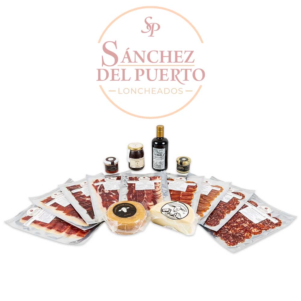 Lote gourmet de ibéricos loncheados, quesos y aceites Sánchez del Puerto.