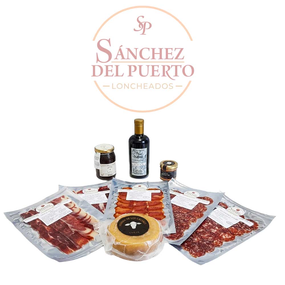 Lote gourmet de loncheados de ibéricos, queso y aceites Sánchez del Puerto.
