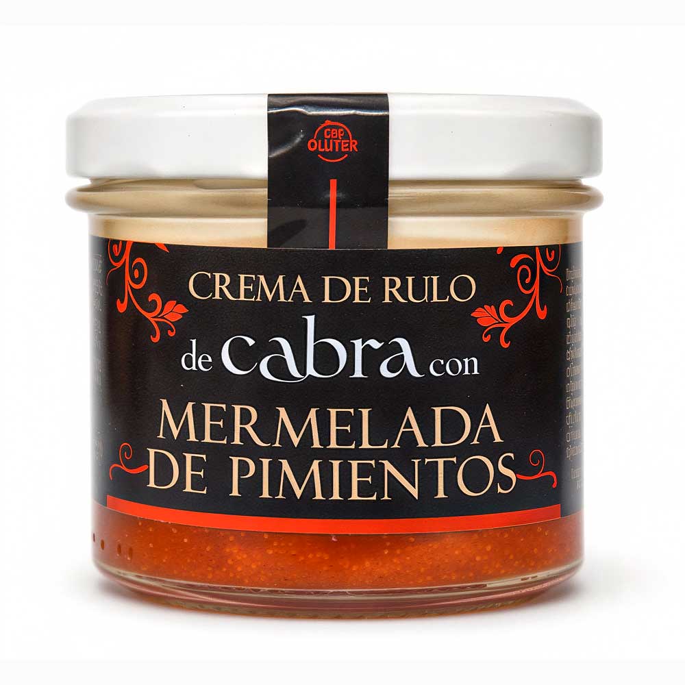 Tarro de crema de rulo de cabra con mermelada de pimientos.