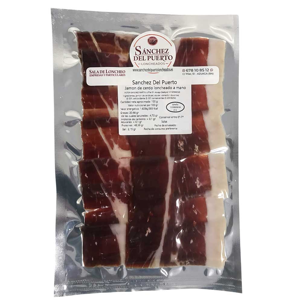 Paquete de jamón de cerdo loncheado a mano de la marca Sánchez del Puerto.