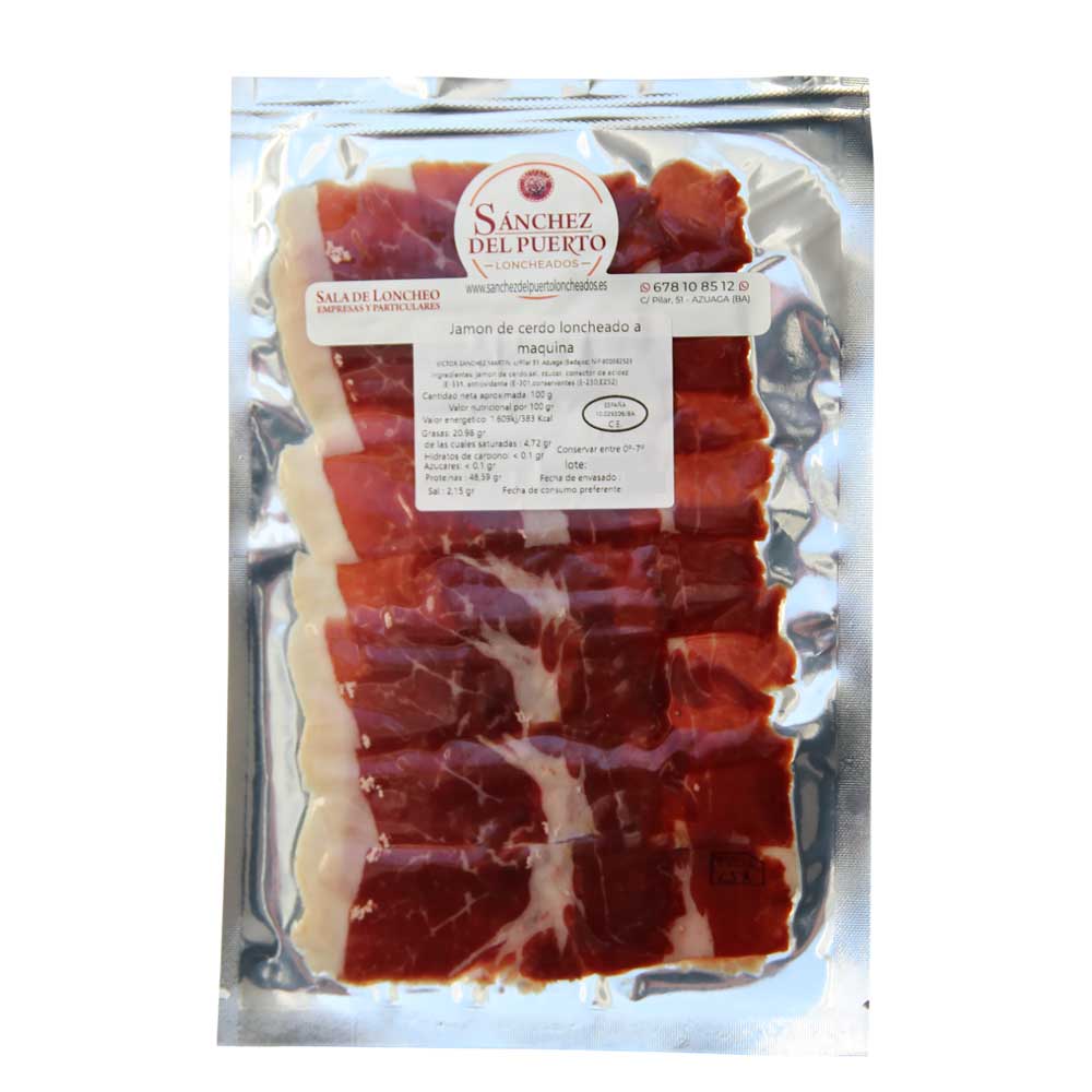 Paquete de jamón de cerdo Loncheado a máquina de la marca Sánchez del Puerto.