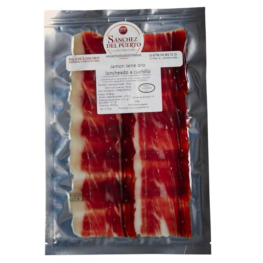 Paquete de jamón cerdo Serie Oro loncheada a cuchillo de la marca Sánchez del Puerto.
