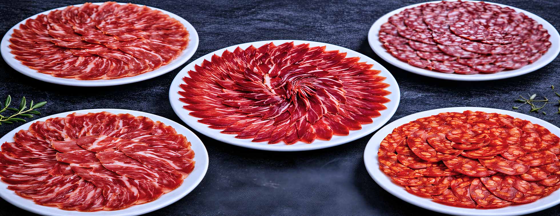 Primer plano de cinco platos de productos ibericos loncheados.