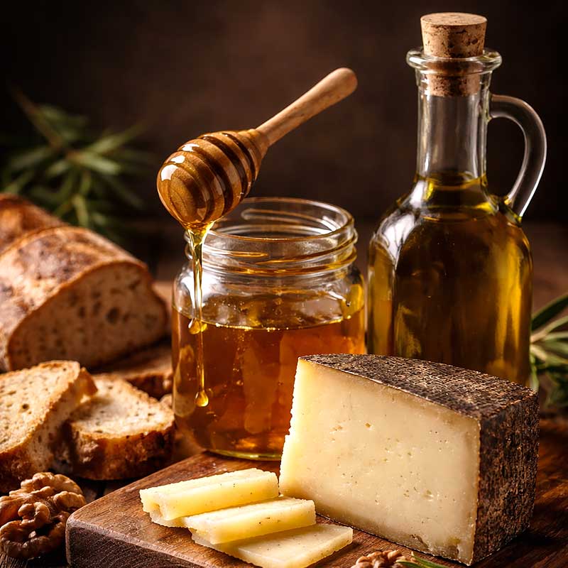 Cuña de queso curado junto a frasco de miel, aceite de oliva, nueces y pan sobre tabla de madera.