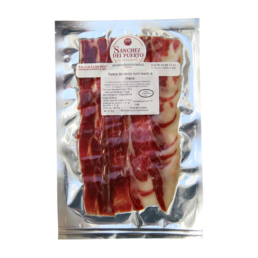 Paquete de paleta de Cerdo loncheado a mano de la marca Sánchez del Puerto.