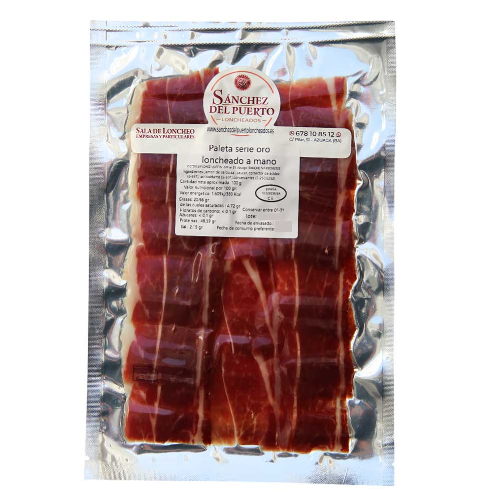 Paquete de paleta de cerdo Serie Oro loncheada a mano de la marca Sánchez del Puerto.